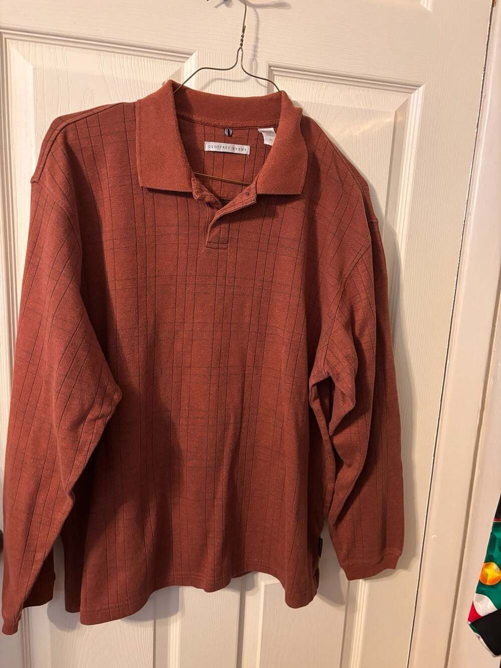 Geoffrey Beene Mens XL Long Sleeve Burnt Orange Windowpane Polo Shirt